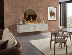 Casa Padrino Luxus Sideboard Hellgrau / Braun / Messing 220 x 50 x H. 80 cm - Massivholz Schrank mit 4 Türen und 3 Schubladen - Massivholz Möbel - Luxus Möbel - Luxus Einrichtung
