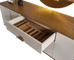 Casa Padrino Luxus Sideboard Hellgrau / Braun / Messing 220 x 50 x H. 80 cm - Massivholz Schrank mit 4 Türen und 3 Schubladen - Massivholz Möbel - Luxus Möbel - Luxus Einrichtung