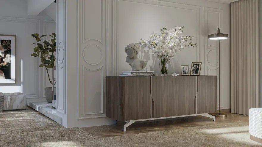 Casa Padrino Luxus Sideboard Braun / Weiß 220 x 50,8 x H. 87 cm - Massivholz Schrank mit 4 Türen - Massivholz Möbel - Luxus Möbel - Luxus Einrichtung