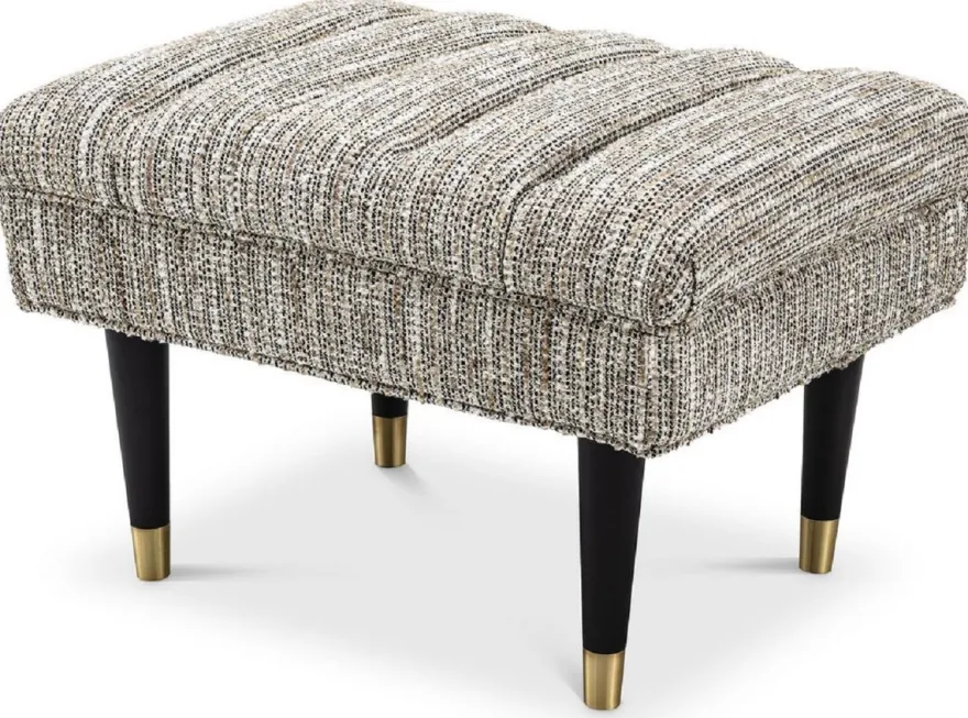 Casa Padrino Luxus Sitzbank Beige / Schwarz / Messingfarben 68 x 50 x H. 45 cm - Gepolsterte Massivholz Bank - Wohnzimmer Möbel - Hotel Möbel - Luxus Kollektion