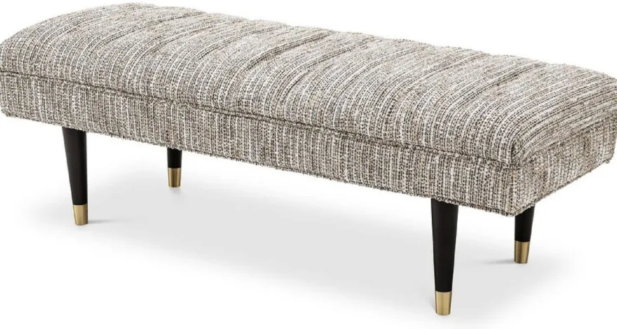 Casa Padrino Luxus Sitzbank Beige / Schwarz / Messingfarben 134 x 50 x H. 45 cm - Gepolsterte Massivholz Bank - Wohnzimmer Möbel - Hotel Möbel - Luxus Kollektion