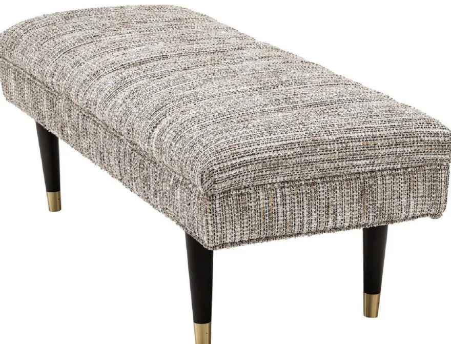 Casa Padrino Luxus Sitzbank Beige / Schwarz / Messingfarben 134 x 50 x H. 45 cm - Gepolsterte Massivholz Bank - Wohnzimmer Möbel - Hotel Möbel - Luxus Kollektion