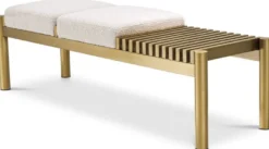 Casa Padrino Luxus Sitzbank Creme / Messing 140 x 44 x H. 45 cm - Gepolsterte Edelstahl Bank - Wohnzimmer Möbel - Hotel Möbel - Luxus Kollektion
