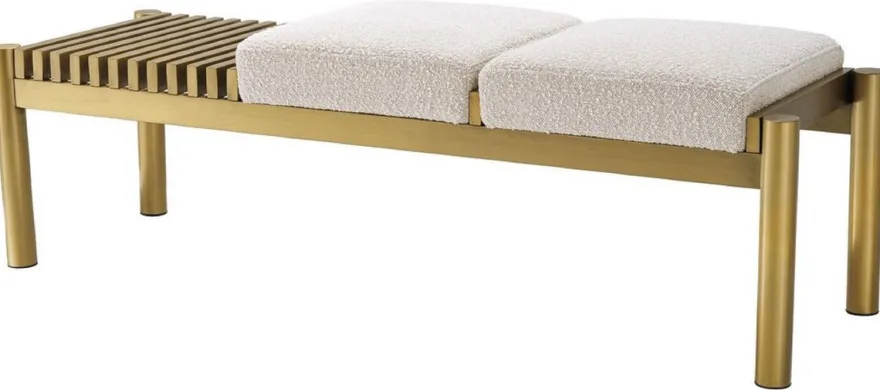 Casa Padrino Luxus Sitzbank Creme / Messing 140 x 44 x H. 45 cm - Gepolsterte Edelstahl Bank - Wohnzimmer Möbel - Hotel Möbel - Luxus Kollektion