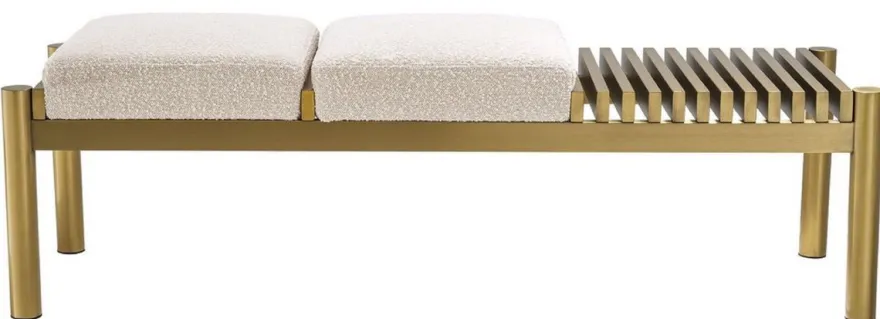 Casa Padrino Luxus Sitzbank Creme / Messing 140 x 44 x H. 45 cm - Gepolsterte Edelstahl Bank - Wohnzimmer Möbel - Hotel Möbel - Luxus Kollektion