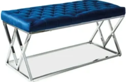 Casa Padrino Luxus Sitzbank Marineblau / Silber 100 x 48 x H. 46 cm - Gepolsterte Samt Bank mit verchromtem Edelstahl Gestell - Wohnzimmer Möbel