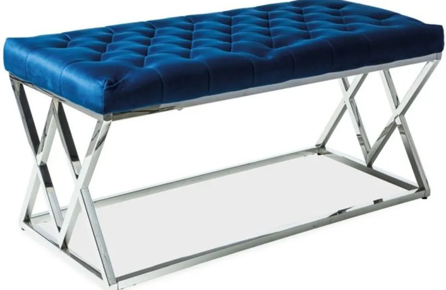 Casa Padrino Luxus Sitzbank Marineblau / Silber 100 x 48 x H. 46 cm - Gepolsterte Samt Bank mit verchromtem Edelstahl Gestell - Wohnzimmer Möbel