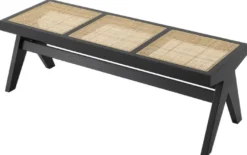 Casa Padrino Luxus Sitzbank Schwarz / Naturfarben 136 x 46 x H. 47 cm - Massivholz Bank mit handgewebtem Rattangeflecht - Luxus Möbel