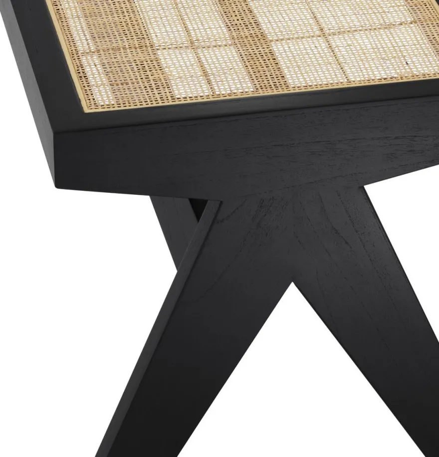 Casa Padrino Luxus Sitzbank Schwarz / Naturfarben 136 x 46 x H. 47 cm - Massivholz Bank mit handgewebtem Rattangeflecht - Luxus Möbel