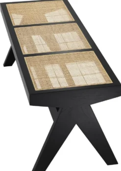 Casa Padrino Luxus Sitzbank Schwarz / Naturfarben 136 x 46 x H. 47 cm - Massivholz Bank mit handgewebtem Rattangeflecht - Luxus Möbel