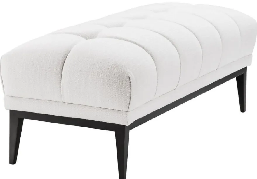Casa Padrino Luxus Sitzbank Weiß / Schwarz 124 x 53 x H. 44 cm - Gepolsterte Bank mit Edelstahl Beinen - Wohnzimmer Möbel