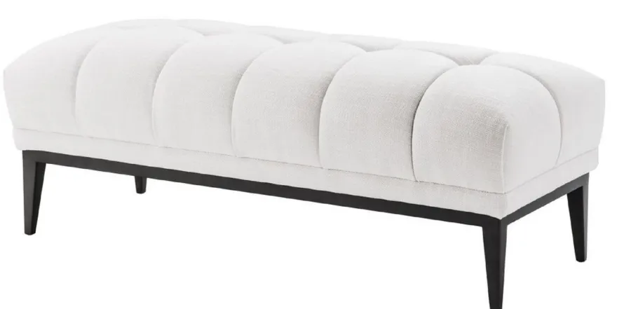 Casa Padrino Luxus Sitzbank Weiß / Schwarz 124 x 53 x H. 44 cm - Gepolsterte Bank mit Edelstahl Beinen - Wohnzimmer Möbel
