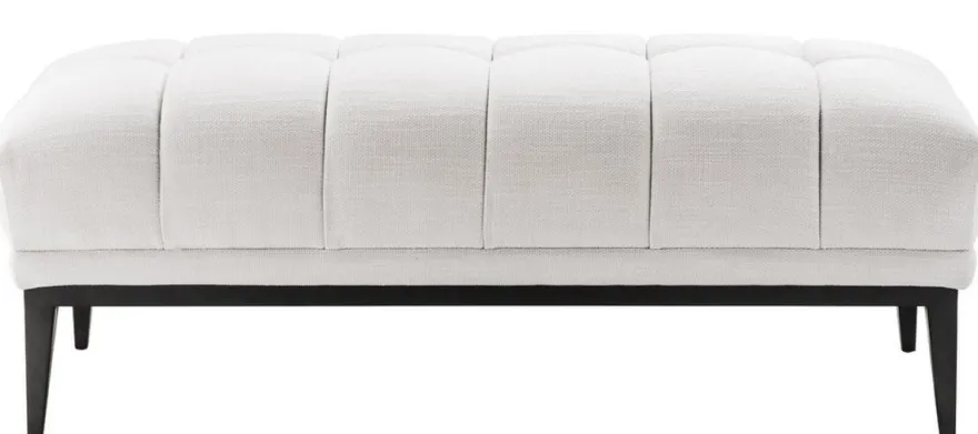 Casa Padrino Luxus Sitzbank Weiß / Schwarz 124 x 53 x H. 44 cm - Gepolsterte Bank mit Edelstahl Beinen - Wohnzimmer Möbel