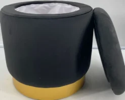 Casa Padrino Luxus Sitzhocker Grau / Gold Ø 41 x H. 43 cm - Runder Samt Hocker mit Deckel und Stauraum - Wohnzimmer Möbel