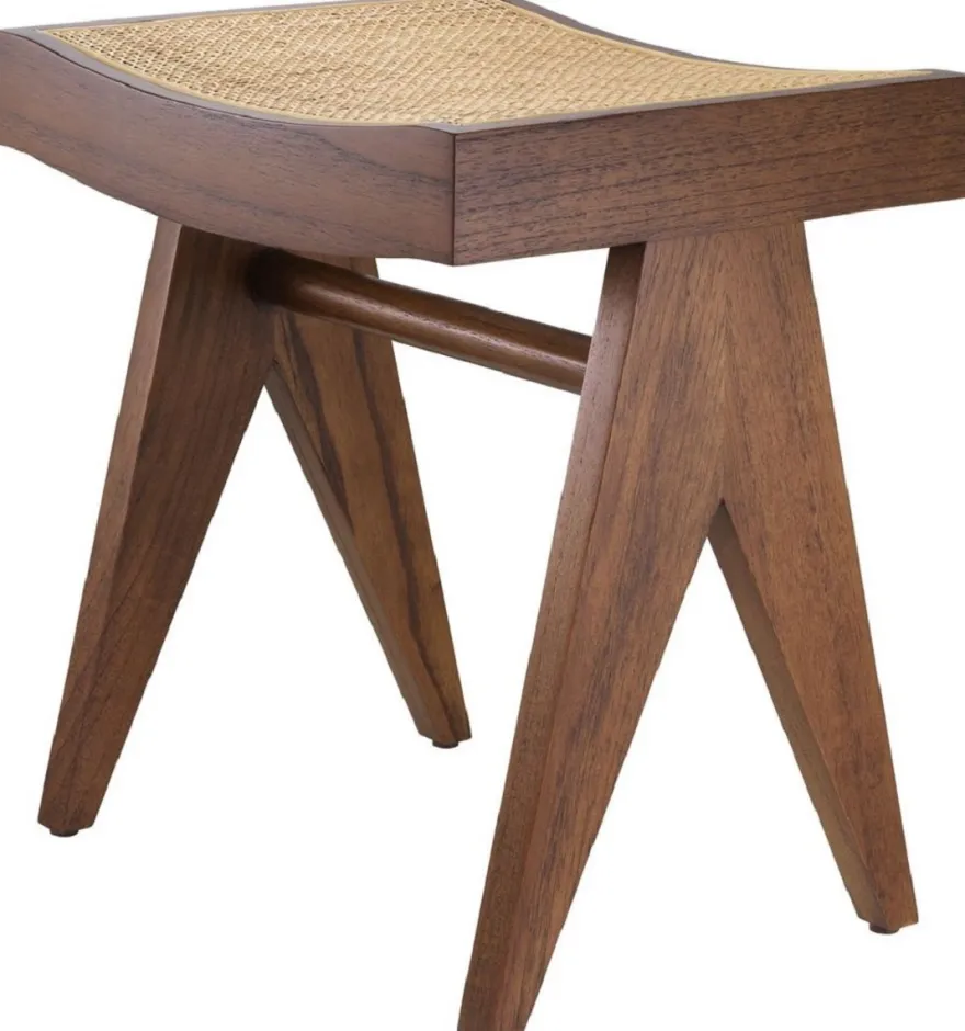 Casa Padrino Luxus Sitzhocker Braun / Naturfarben 39 x 31,5 x H. 43 cm - Massivholz Hocker mit handgewebtem Rattangeflecht - Luxus Möbel
