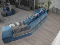 Casa Padrino Luxus Sofa Blau / Silber 480 x 100 x H. 70 cm - Gebogenes Wohnzimmer Sofa - Hotel Sofa - Wohnzimmer Möbel - Hotel Möbel - Luxus Möbel - Luxus Einrichtung