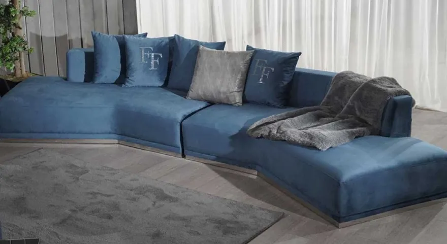 Casa Padrino Luxus Sofa Blau / Silber 480 x 100 x H. 70 cm - Gebogenes Wohnzimmer Sofa - Hotel Sofa - Wohnzimmer Möbel - Hotel Möbel - Luxus Möbel - Luxus Einrichtung