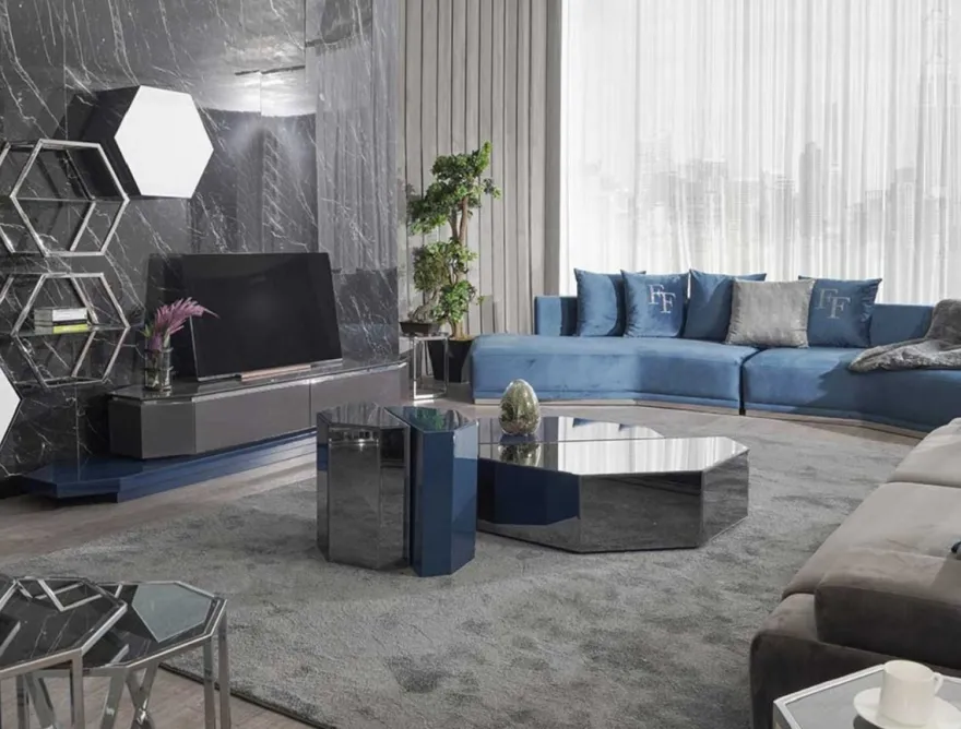 Casa Padrino Luxus Sofa Blau / Silber 480 x 100 x H. 70 cm - Gebogenes Wohnzimmer Sofa - Hotel Sofa - Wohnzimmer Möbel - Hotel Möbel - Luxus Möbel - Luxus Einrichtung
