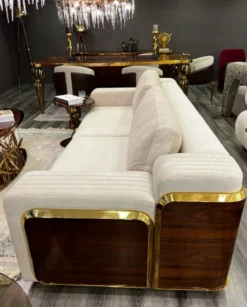 Casa Padrino Luxus Sofa Creme / Braun / Gold 247 x 100 x H. 70 cm - Wohnzimmer Sofa - Hotel Sofa - Wohnzimmer Möbel - Hotel Möbel - Luxus Möbel - Luxus Einrichtung - Wohnzimmer Einrichtung
