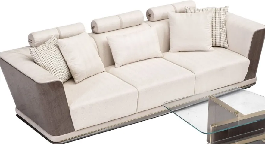Casa Padrino Luxus Sofa Creme / Grau / Gold 280 x 98 x H. 85 cm - Wohnzimmer Sofa - Hotel Sofa - Wohnzimmer Möbel - Wohnzimmer Einrichtung - Hotel Möbel - Luxus Möbel - Luxus Einrichtung