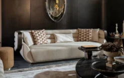 Casa Padrino Luxus Sofa Creme / Grau / Schwarz / Gold 275 x 95 x H. 80 cm - Wohnzimmer Sofa - Hotel Sofa - Wohnzimmer Möbel - Wohnzimmer Einrichtung - Hotel Möbel - Luxus Möbel - Luxus Einrichtung