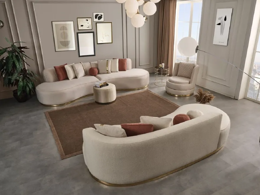 Casa Padrino Luxus Sofa Creme / Gold 270 x 120 x H. 76 cm - Gebogenes Wohnzimmer Sofa - Hotel Sofa - Wohnzimmer Möbel - Hotel Möbel - Luxus Möbel - Luxus Einrichtung - Wohnzimmer Einrichtung