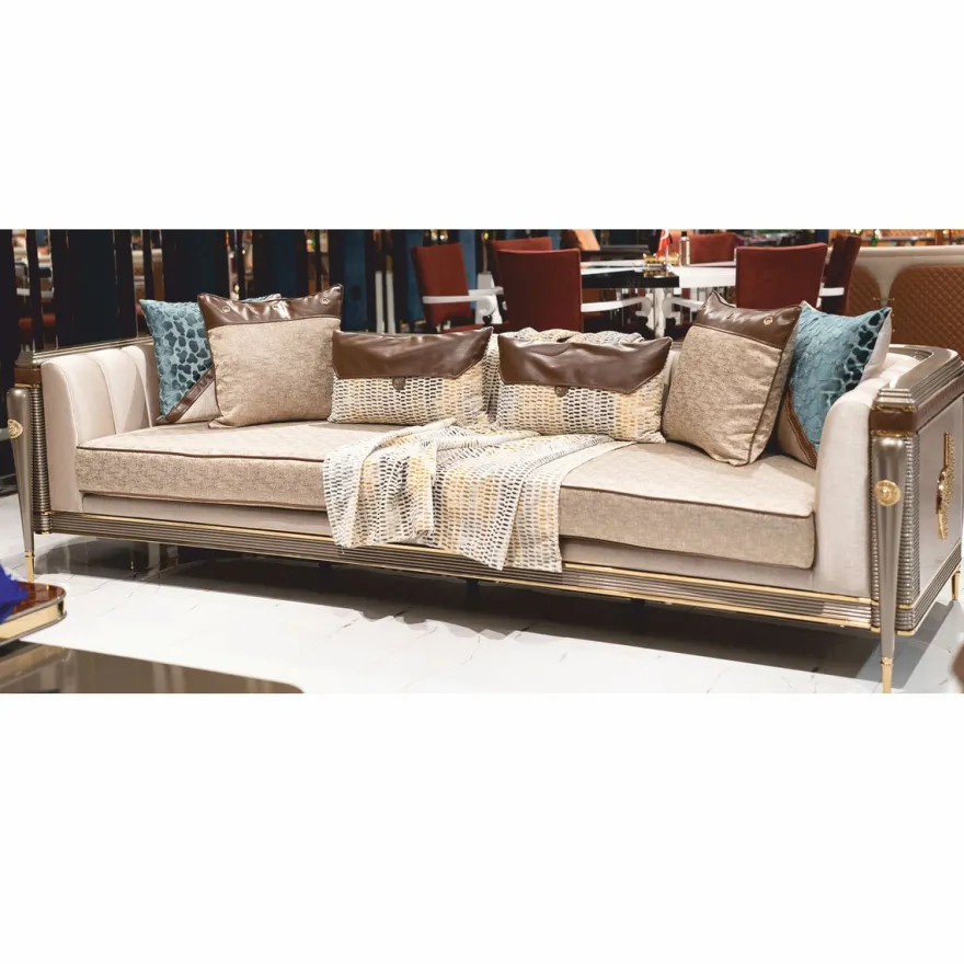Casa Padrino Luxus Sofa Grau / Braun / Gold 280 cm - Wohnzimmer & Hotel Möbel