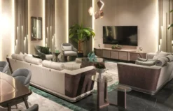 Casa Padrino Luxus Sofa Grau / Blau / Gold 280 x 98 x H. 85 cm - Wohnzimmer Sofa - Hotel Sofa - Wohnzimmer Möbel - Wohnzimmer Einrichtung - Hotel Möbel - Luxus Möbel - Luxus Einrichtung