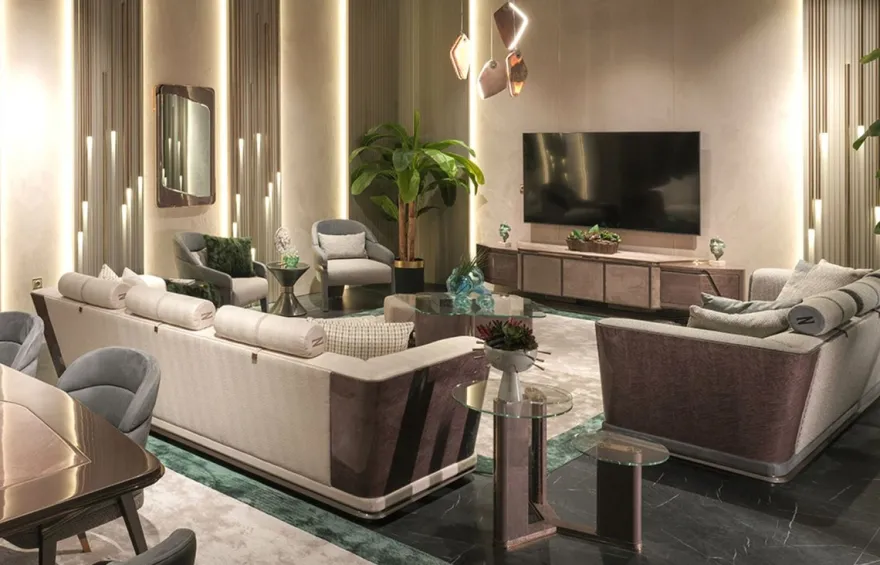 Casa Padrino Luxus Sofa Grau / Blau / Gold 280 x 98 x H. 85 cm - Wohnzimmer Sofa - Hotel Sofa - Wohnzimmer Möbel - Wohnzimmer Einrichtung - Hotel Möbel - Luxus Möbel - Luxus Einrichtung
