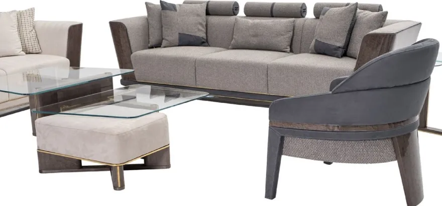 Casa Padrino Luxus Sofa Grau / Blau / Gold 280 x 98 x H. 85 cm - Wohnzimmer Sofa - Hotel Sofa - Wohnzimmer Möbel - Wohnzimmer Einrichtung - Hotel Möbel - Luxus Möbel - Luxus Einrichtung
