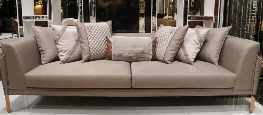 Casa Padrino Luxus Sofa Grau / Dunkelbraun / Kupfer - Wohnzimmer Sofa - Hotel Sofa - Wohnzimmer Möbel - Hotel Möbel - Luxus Möbel - Wohnzimmer Einrichtung - Luxus Einrichtung - Luxus Qualität
