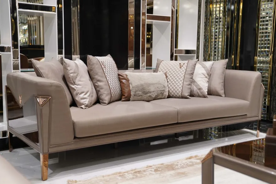 Casa Padrino Luxus Sofa Grau / Dunkelbraun / Kupfer - Wohnzimmer Sofa - Hotel Sofa - Wohnzimmer Möbel - Hotel Möbel - Luxus Möbel - Wohnzimmer Einrichtung - Luxus Einrichtung - Luxus Qualität