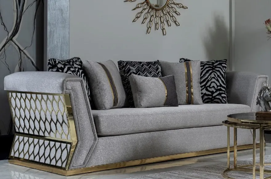 Casa Padrino Luxus Sofa Grau / Gold - Elegantes Wohnzimmer Sofa mit dekorativen Kissen - Luxus Wohnzimmer Möbel