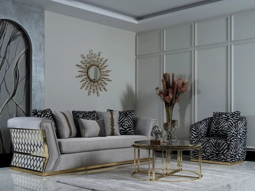 Casa Padrino Luxus Sofa Grau / Gold - Elegantes Wohnzimmer Sofa mit dekorativen Kissen - Luxus Wohnzimmer Möbel
