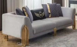 Casa Padrino Luxus Sofa Grau / Gold 230 x 90 x H. 77 cm - Wohnzimmer Sofa - Hotel Sofa - Wohnzimmer Möbel - Hotel Möbel - Luxus Möbel - Wohnzimmer Einrichtung - Luxus Einrichtung