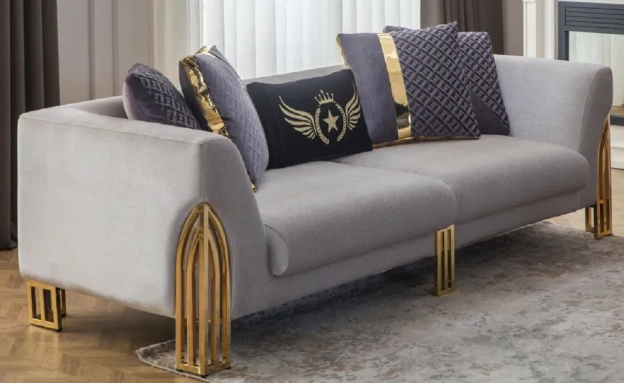 Casa Padrino Luxus Sofa Grau / Gold 230 x 90 x H. 77 cm - Wohnzimmer Sofa - Hotel Sofa - Wohnzimmer Möbel - Hotel Möbel - Luxus Möbel - Wohnzimmer Einrichtung - Luxus Einrichtung