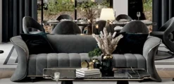 Casa Padrino Luxus Sofa Grau / Gold 260 x 100 x H. 79 cm - Wohnzimmer Sofa - Hotel Sofa - Wohnzimmer Möbel - Hotel Möbel - Luxus Möbel - Wohnzimmer Einrichtung - Luxus Einrichtung