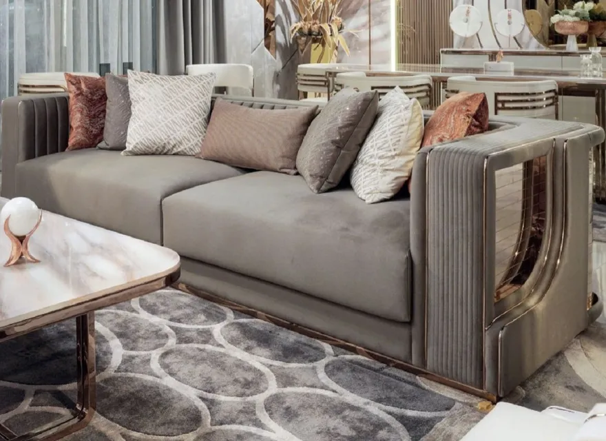 Casa Padrino Luxus Sofa Grau / Kupfer 230 x 96 x H. 72 cm - Wohnzimmer Sofa - Hotel Sofa - Wohnzimmer Möbel - Hotel Möbel - Luxus Möbel - Wohnzimmer Einrichtung - Luxus Einrichtung
