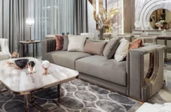 Casa Padrino Luxus Sofa Grau / Kupfer 230 x 96 x H. 72 cm - Wohnzimmer Sofa - Hotel Sofa - Wohnzimmer Möbel - Hotel Möbel - Luxus Möbel - Wohnzimmer Einrichtung - Luxus Einrichtung