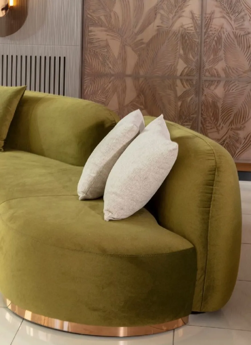 Casa Padrino Luxus Sofa Grün / Mehrfarbig / Kupfer 330 x 110 x H. 70 cm - Gebogenes Wohnzimmer Sofa - Hotel Sofa - Wohnzimmer Möbel - Hotel Möbel - Luxus Möbel - Luxus Einrichtung