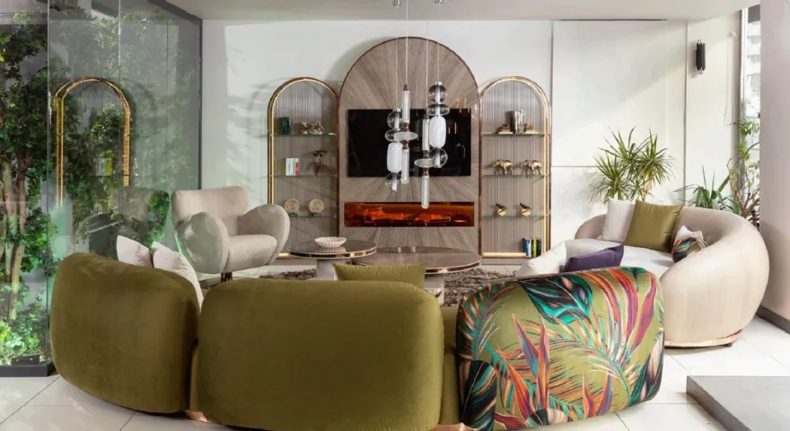Casa Padrino Luxus Sofa Grün / Mehrfarbig / Kupfer 330 x 110 x H. 70 cm - Gebogenes Wohnzimmer Sofa - Hotel Sofa - Wohnzimmer Möbel - Hotel Möbel - Luxus Möbel - Luxus Einrichtung