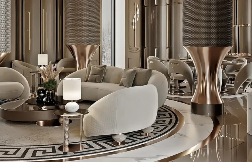 Casa Padrino Luxus Sofa Hellgrau / Kupfer 270 x 102 x H. 73 cm - Wohnzimmer Sofa - Hotel Sofa - Wohnzimmer Möbel - Wohnzimmer Einrichtung - Hotel Möbel - Luxus Möbel - Luxus Einrichtung
