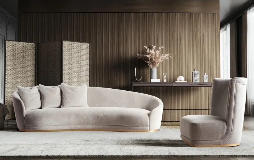 Casa Padrino Luxus Sofa Hellgrau / Messing 308 x 110 x H. 90 cm - Gebogenes Wohnzimmer Sofa - Hotel Sofa - Wohnzimmer Möbel - Hotel Möbel - Luxus Möbel - Luxus Einrichtung - Wohnzimmer Einrichtung