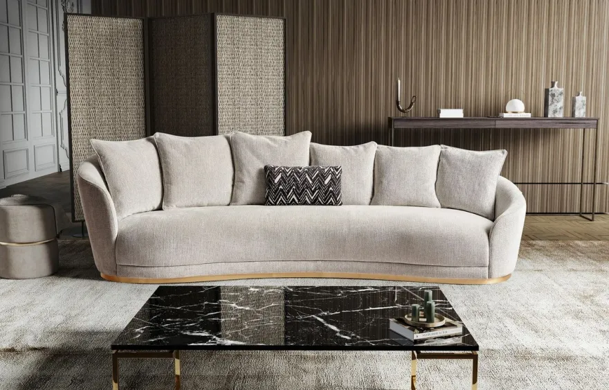 Casa Padrino Luxus Sofa Hellgrau / Messing 308 x 110 x H. 90 cm - Gebogenes Wohnzimmer Sofa - Hotel Sofa - Wohnzimmer Möbel - Hotel Möbel - Luxus Möbel - Luxus Einrichtung - Wohnzimmer Einrichtung