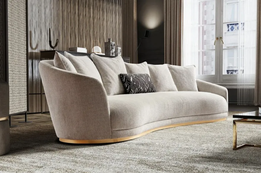 Casa Padrino Luxus Sofa Hellgrau / Messing 308 x 110 x H. 90 cm - Gebogenes Wohnzimmer Sofa - Hotel Sofa - Wohnzimmer Möbel - Hotel Möbel - Luxus Möbel - Luxus Einrichtung - Wohnzimmer Einrichtung