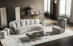 Casa Padrino Luxus Sofa Hellgrau / Messing 308 x 110 x H. 90 cm - Gebogenes Wohnzimmer Sofa - Hotel Sofa - Wohnzimmer Möbel - Hotel Möbel - Luxus Möbel - Luxus Einrichtung - Wohnzimmer Einrichtung