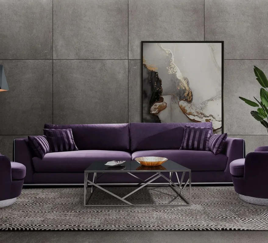 Casa Padrino Luxus Sofa Lila / Silber 300 x 102 x H. 61 cm - Wohnzimmer Sofa mit dekorativen Kissen - Luxus Wohnzimmer Möbel