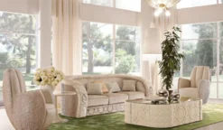 Casa Padrino Luxus Sofa mit Metall Ornamenten Beige / Silber 260 x 103 x H. 80 cm - Luxus Wohnzimmer & Hotel Möbel - Erstklassische Qualität - Made in Italy