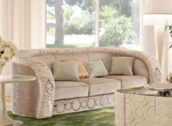 Casa Padrino Luxus Sofa mit Metall Ornamenten Beige / Silber 260 x 103 x H. 80 cm - Luxus Wohnzimmer & Hotel Möbel - Erstklassische Qualität - Made in Italy