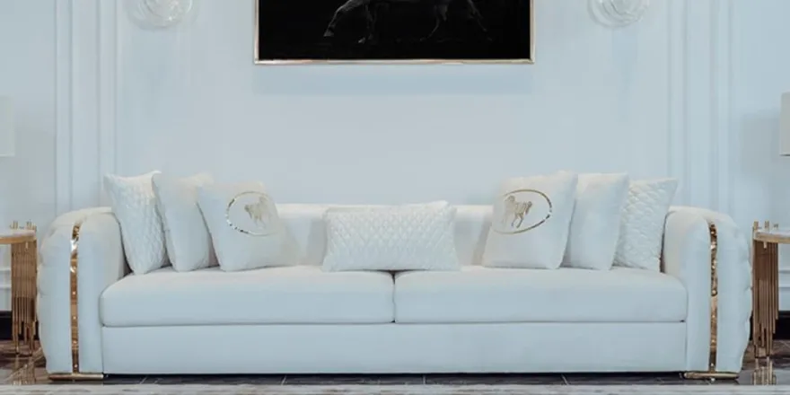 Casa Padrino Luxus Sofa Weiß / Gold 265 x 83 x H. 73 cm - Modernes Wohnzimmer Sofa - Wohnzimmer & Hotel Möbel - Luxus Kollektion